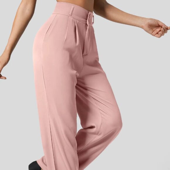 US-L, High Waisted Shirred Back Side Pocket Plicated, Strt Leg Suit Pant - Pink - Picture 2 of 6